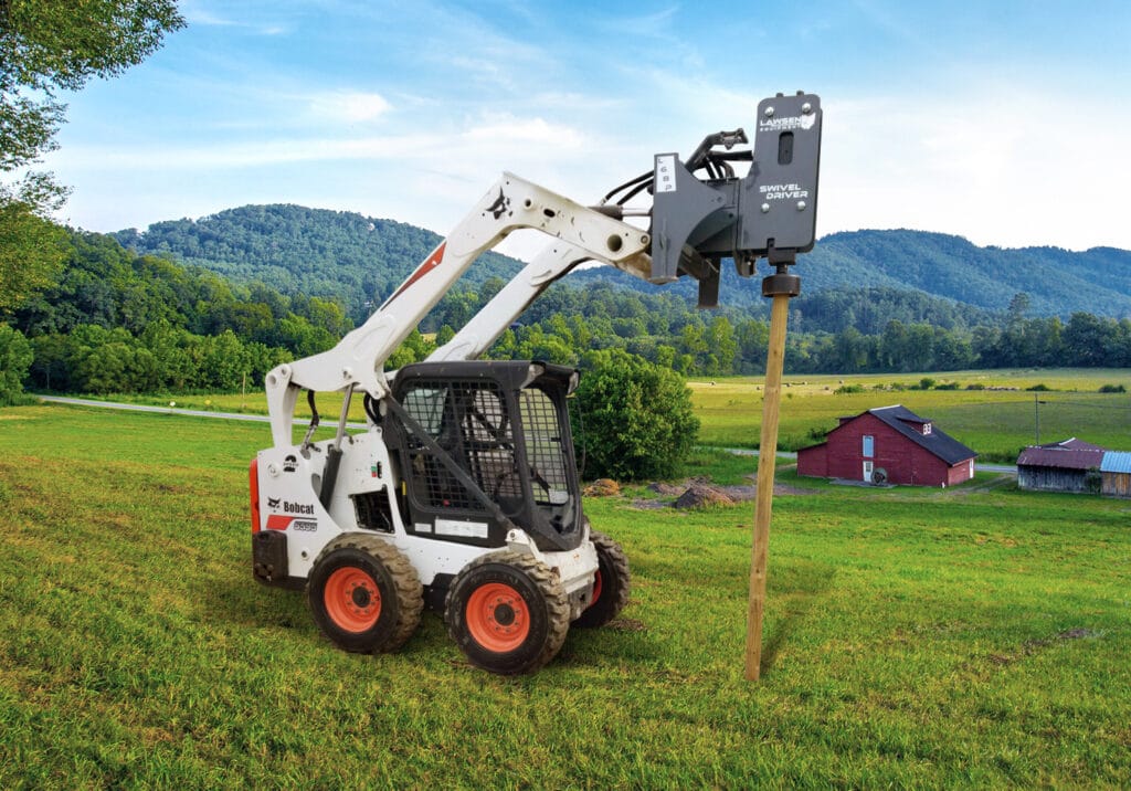 Lawsen Equipment post driver with farm background