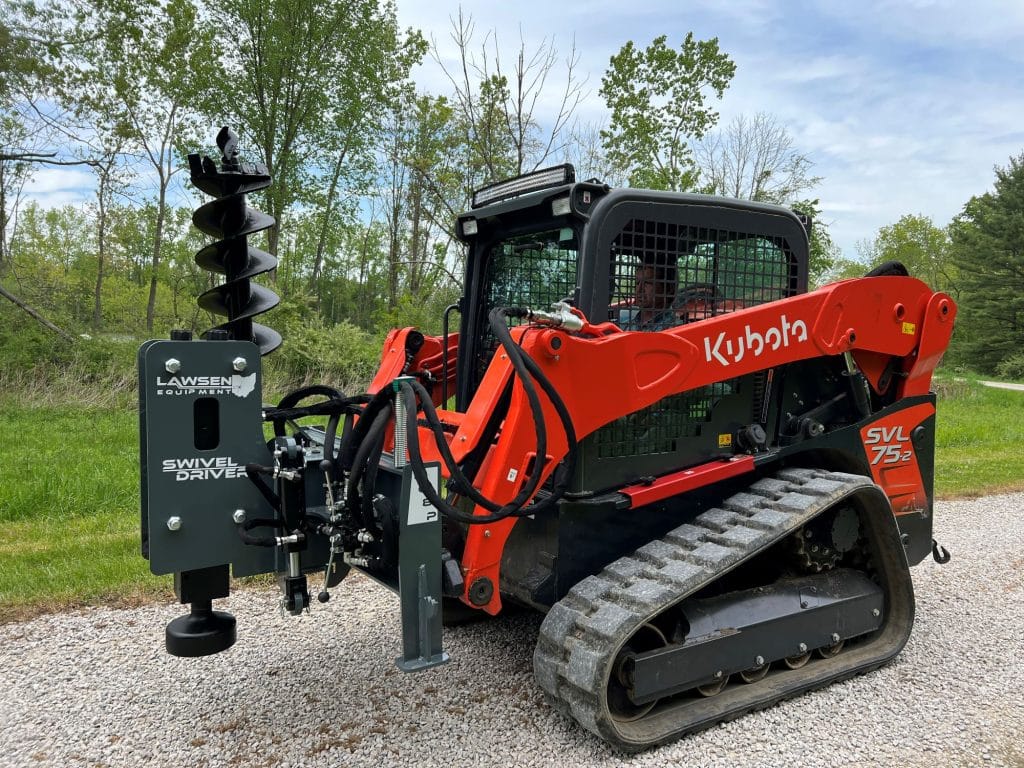 hydraulic post pounder from Lawsen Equipment being used on a skid steer